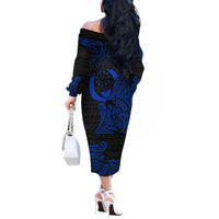 Pohnpei Federated States Of Micronesia Off The Shoulder Long Sleeve Dress Polynesian Tribal Heritage Art With Blue Island Tattoo Patterns