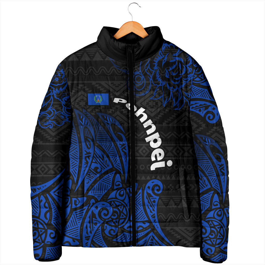 Pohnpei Federated States Of Micronesia Padded Jacket Polynesian Tribal Heritage Art With Blue Island Tattoo Patterns