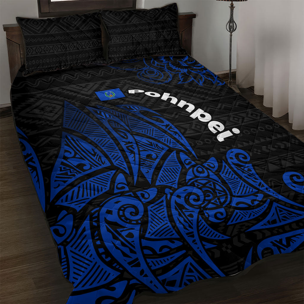Pohnpei Federated States Of Micronesia Quilt Bed Set Polynesian Tribal Heritage Art With Blue Island Tattoo Patterns TS04 Black Blue - Polynesian Pride