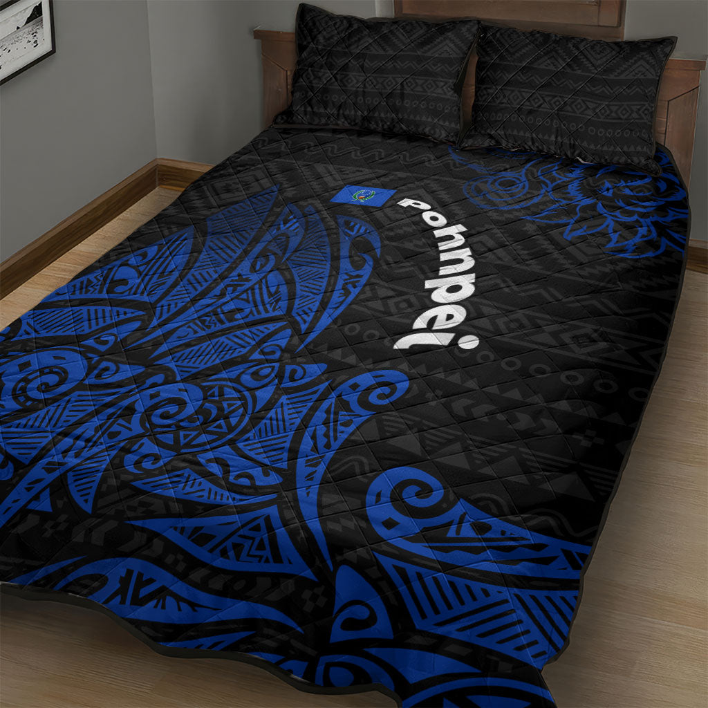 Pohnpei Federated States Of Micronesia Quilt Bed Set Polynesian Tribal Heritage Art With Blue Island Tattoo Patterns