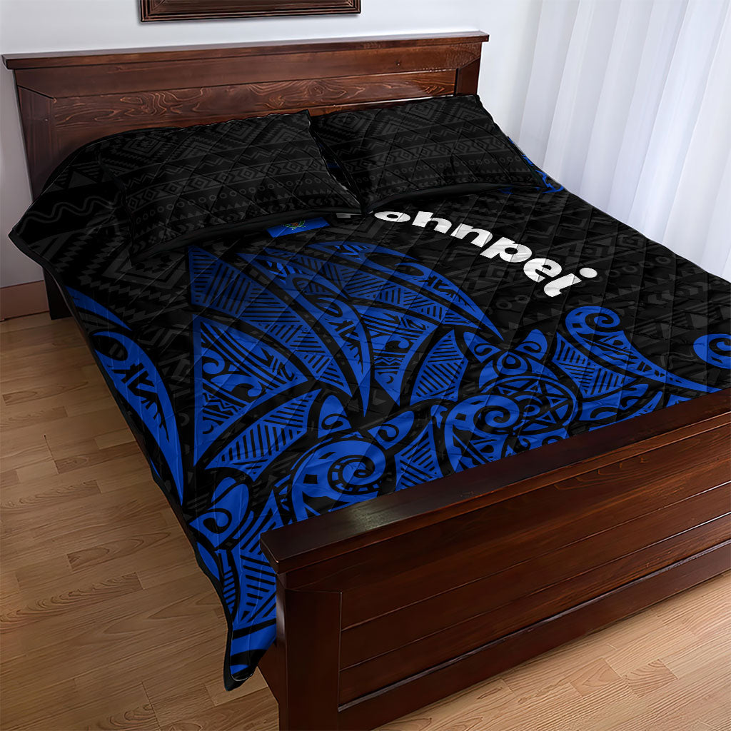 Pohnpei Federated States Of Micronesia Quilt Bed Set Polynesian Tribal Heritage Art With Blue Island Tattoo Patterns