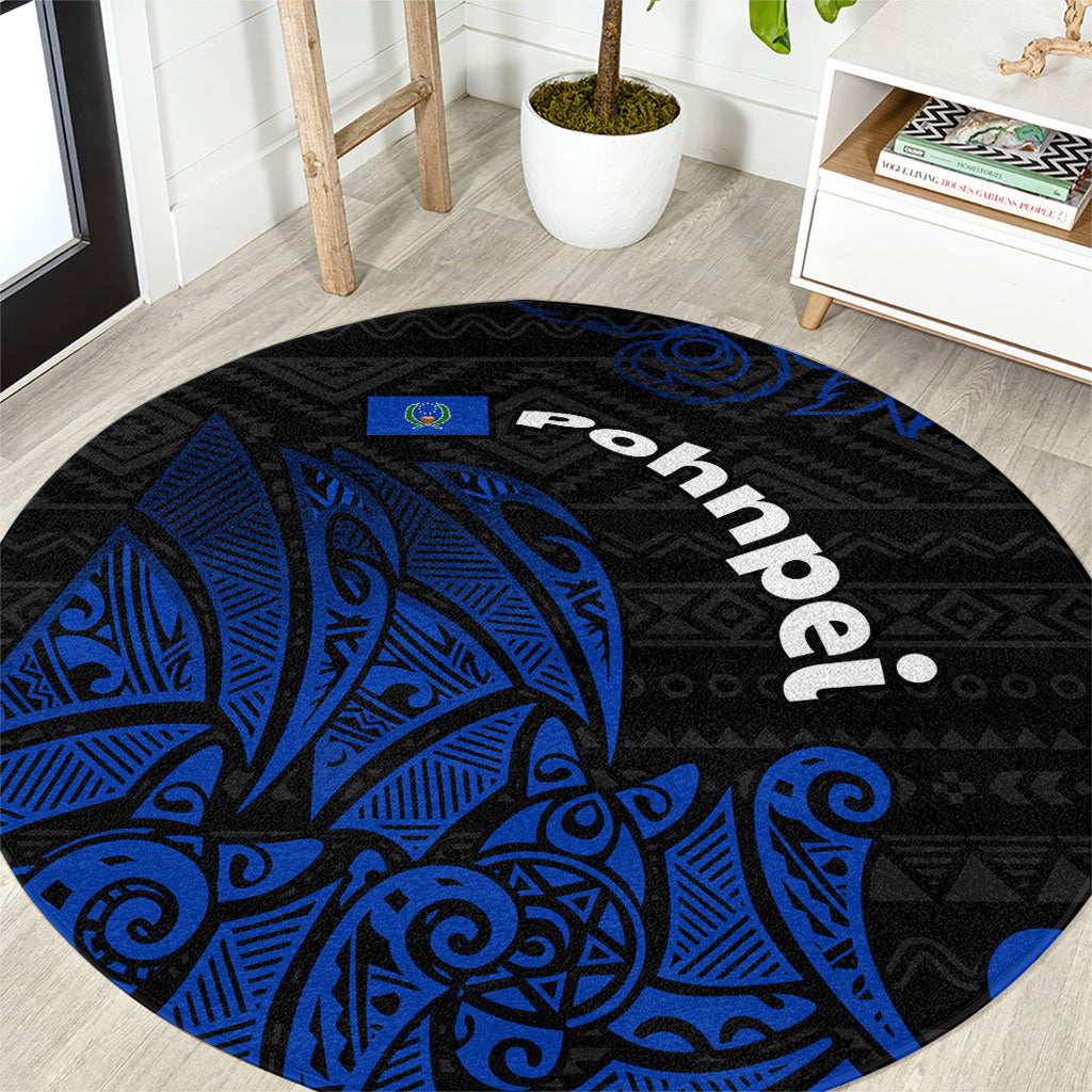 Pohnpei Federated States Of Micronesia Round Carpet Polynesian Tribal Heritage Art With Blue Island Tattoo Patterns TS04 Black Blue - Polynesian Pride