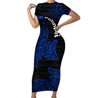 Pohnpei Federated States Of Micronesia Short Sleeve Bodycon Dress Polynesian Tribal Heritage Art With Blue Island Tattoo Patterns