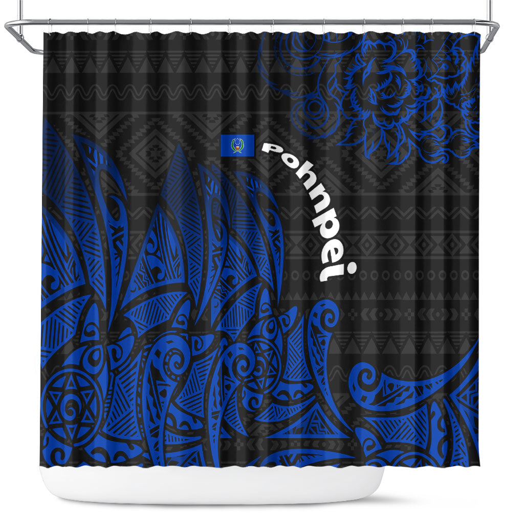 Pohnpei Federated States Of Micronesia Shower Curtain Polynesian Tribal Heritage Art With Blue Island Tattoo Patterns TS04 Black Blue - Polynesian Pride