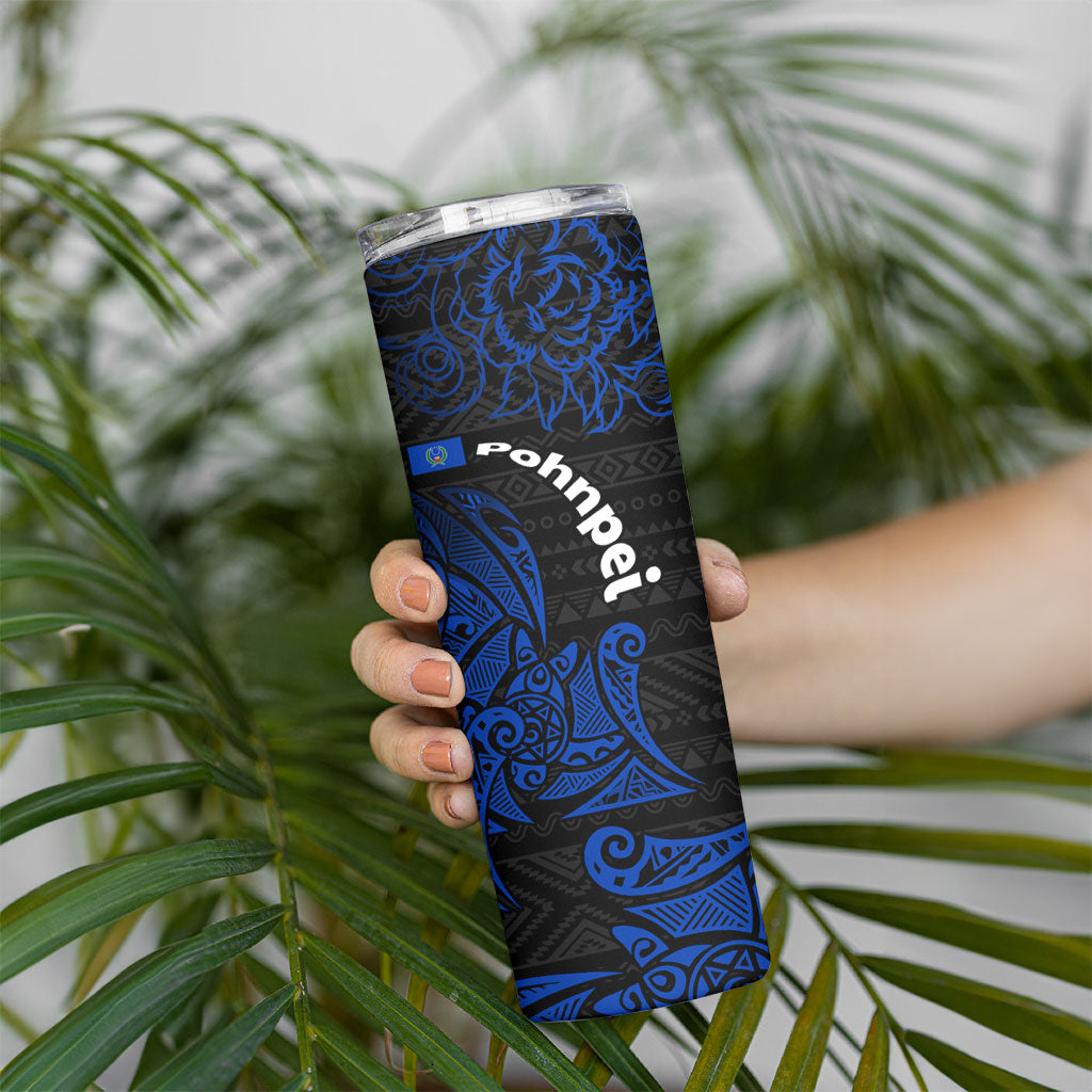 Pohnpei Federated States Of Micronesia Skinny Tumbler Polynesian Tribal Heritage Art With Blue Island Tattoo Patterns