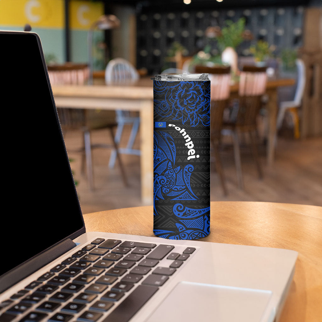 Pohnpei Federated States Of Micronesia Skinny Tumbler Polynesian Tribal Heritage Art With Blue Island Tattoo Patterns