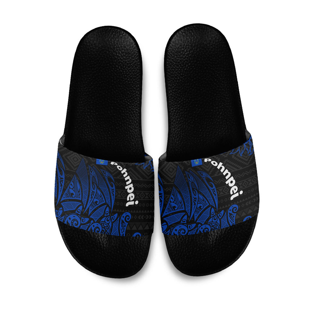 Pohnpei Federated States Of Micronesia Slide Sandals Polynesian Tribal Heritage Art With Blue Island Tattoo Patterns