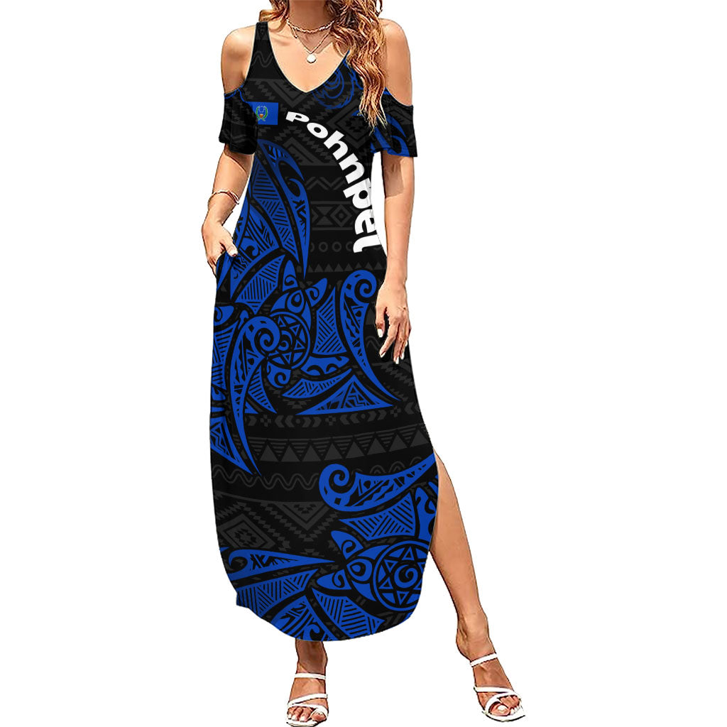 Pohnpei Federated States Of Micronesia Summer Maxi Dress Polynesian Tribal Heritage Art With Blue Island Tattoo Patterns