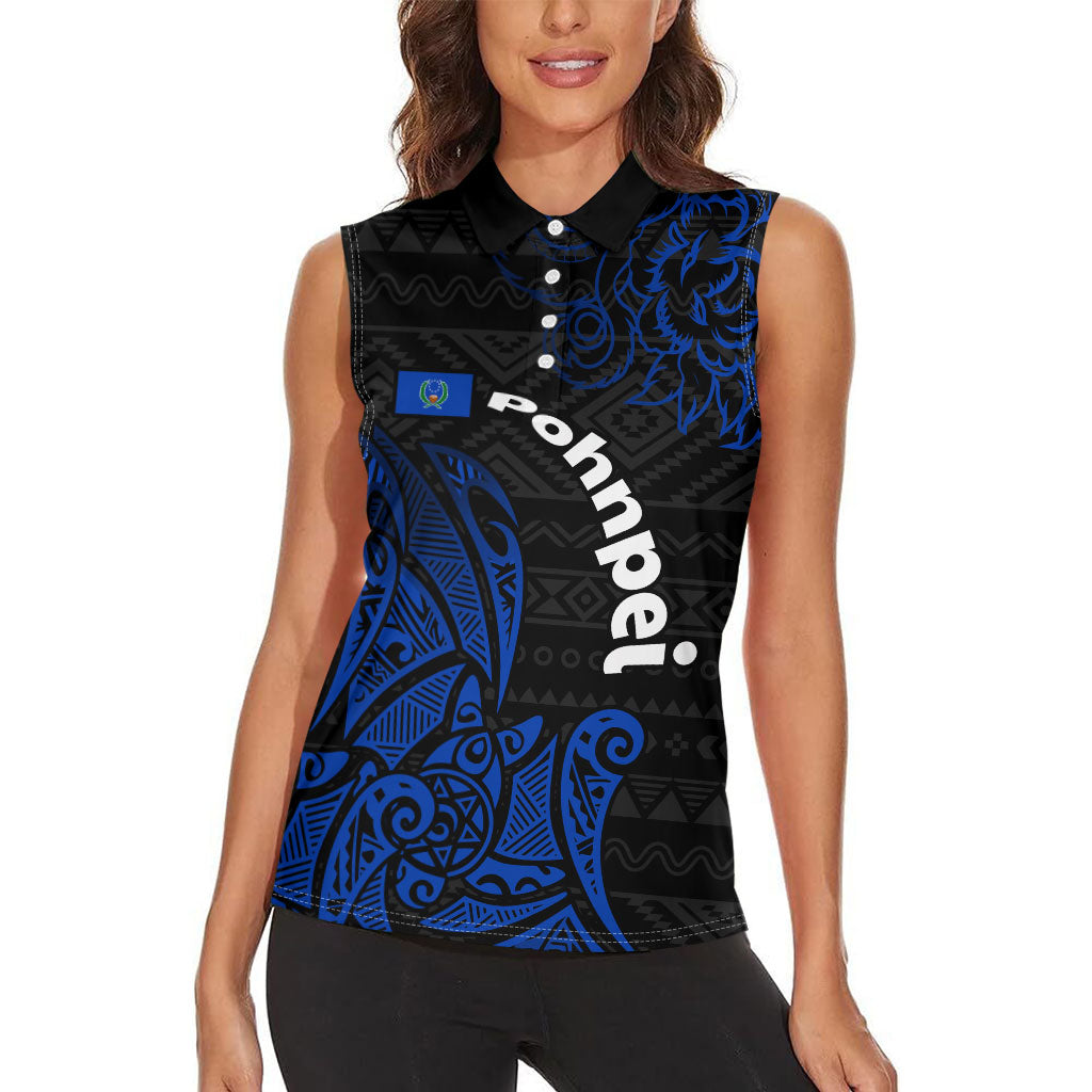 Pohnpei Federated States Of Micronesia Women Sleeveless Polo Shirt Polynesian Tribal Heritage Art With Blue Island Tattoo Patterns
