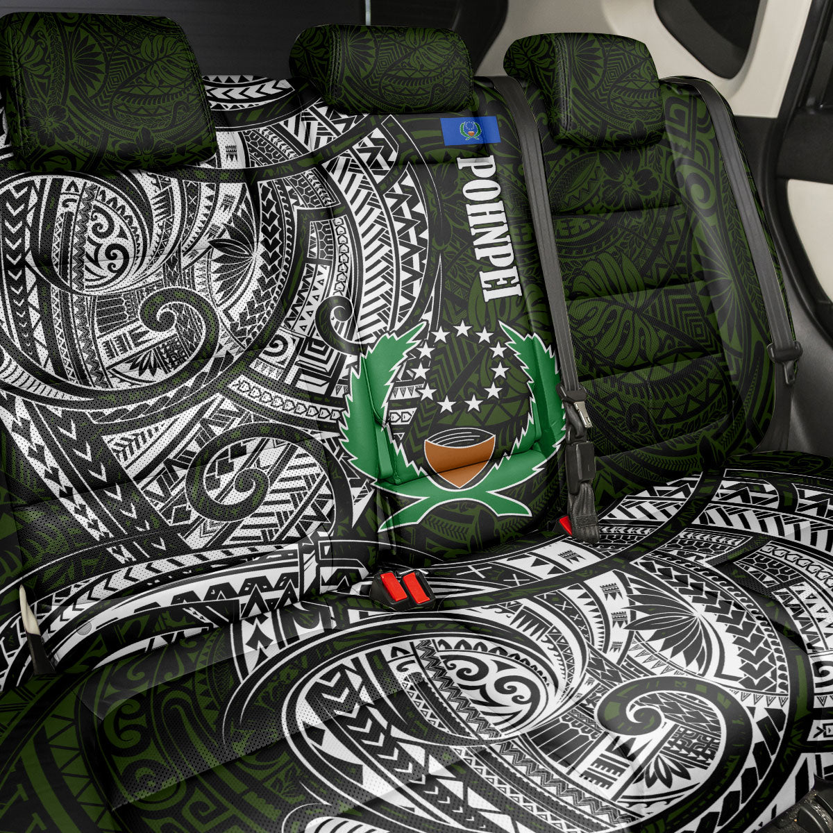 Pohnpei Federated States Of Micronesia Back Car Seat Cover Polynesian Tribal Heritage Art With Kaselehlie State Seal