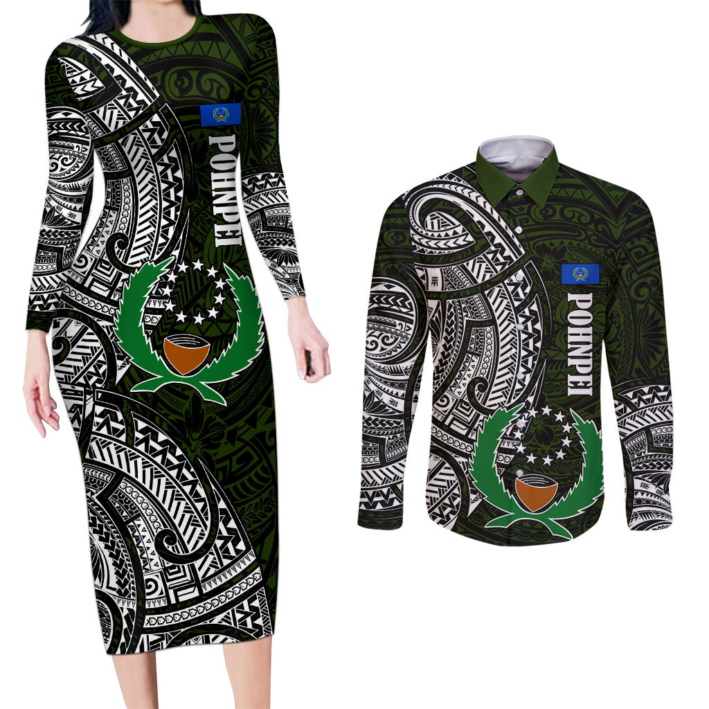 Pohnpei Federated States Of Micronesia Couples Matching Long Sleeve Bodycon Dress and Long Sleeve Button Shirt Polynesian Tribal Heritage Art With Kaselehlie State Seal TS04 Green White - Polynesian Pride