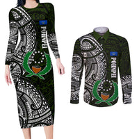 Pohnpei Federated States Of Micronesia Couples Matching Long Sleeve Bodycon Dress and Long Sleeve Button Shirt Polynesian Tribal Heritage Art With Kaselehlie State Seal