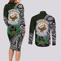 Pohnpei Federated States Of Micronesia Couples Matching Long Sleeve Bodycon Dress and Long Sleeve Button Shirt Polynesian Tribal Heritage Art With Kaselehlie State Seal