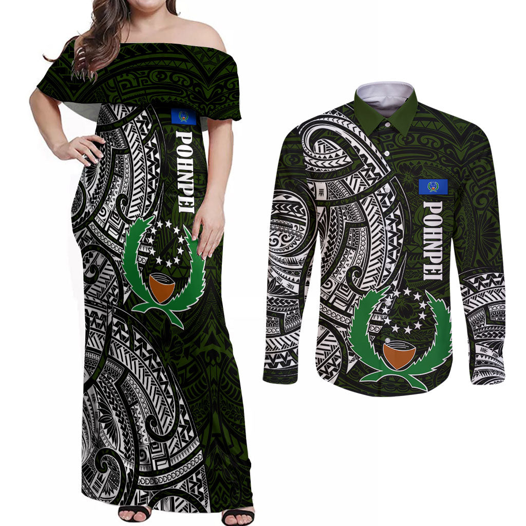Pohnpei Federated States Of Micronesia Couples Matching Off Shoulder Maxi Dress and Long Sleeve Button Shirt Polynesian Tribal Heritage Art With Kaselehlie State Seal TS04 Green White - Polynesian Pride