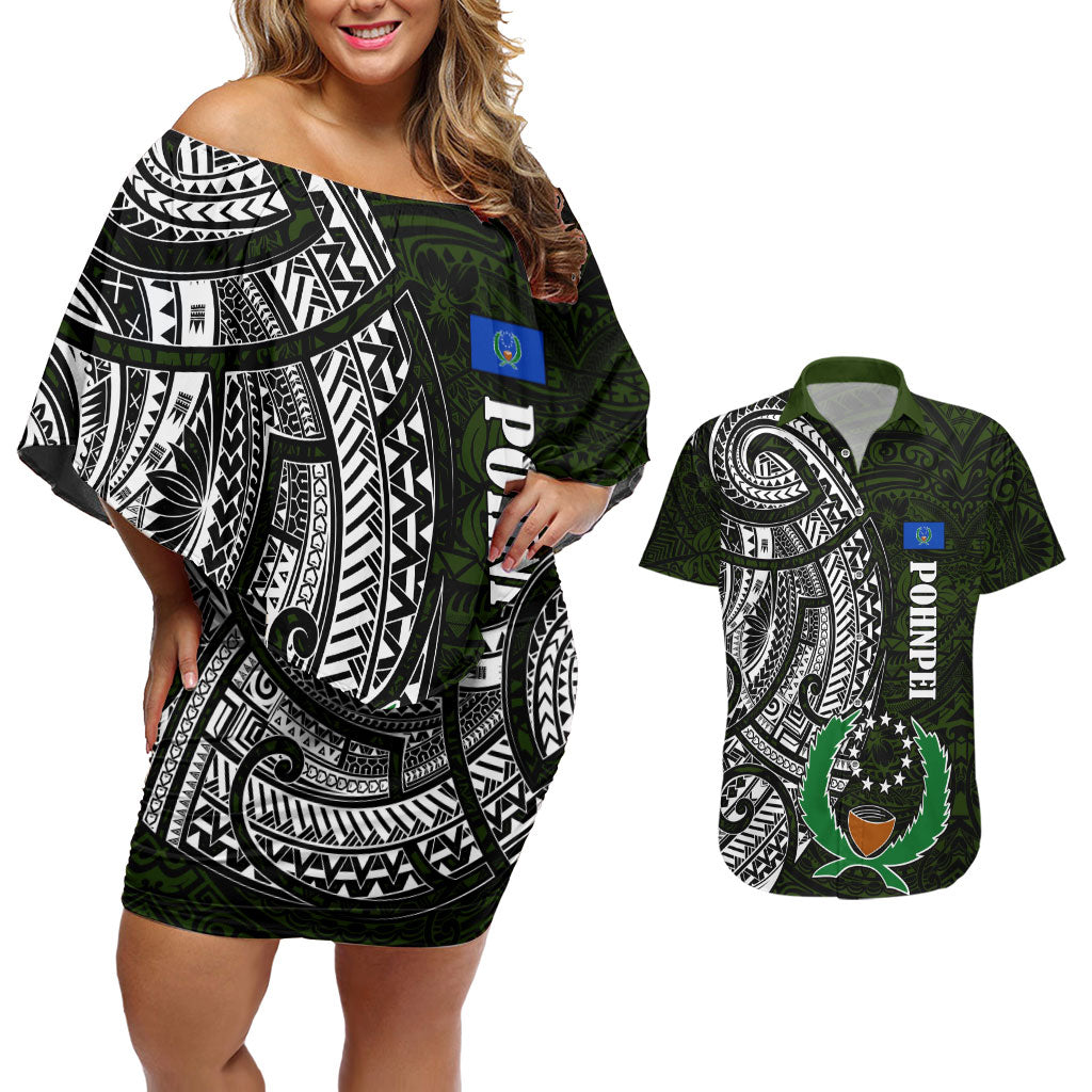 Pohnpei Federated States Of Micronesia Couples Matching Off Shoulder Short Dress and Hawaiian Shirt Polynesian Tribal Heritage Art With Kaselehlie State Seal