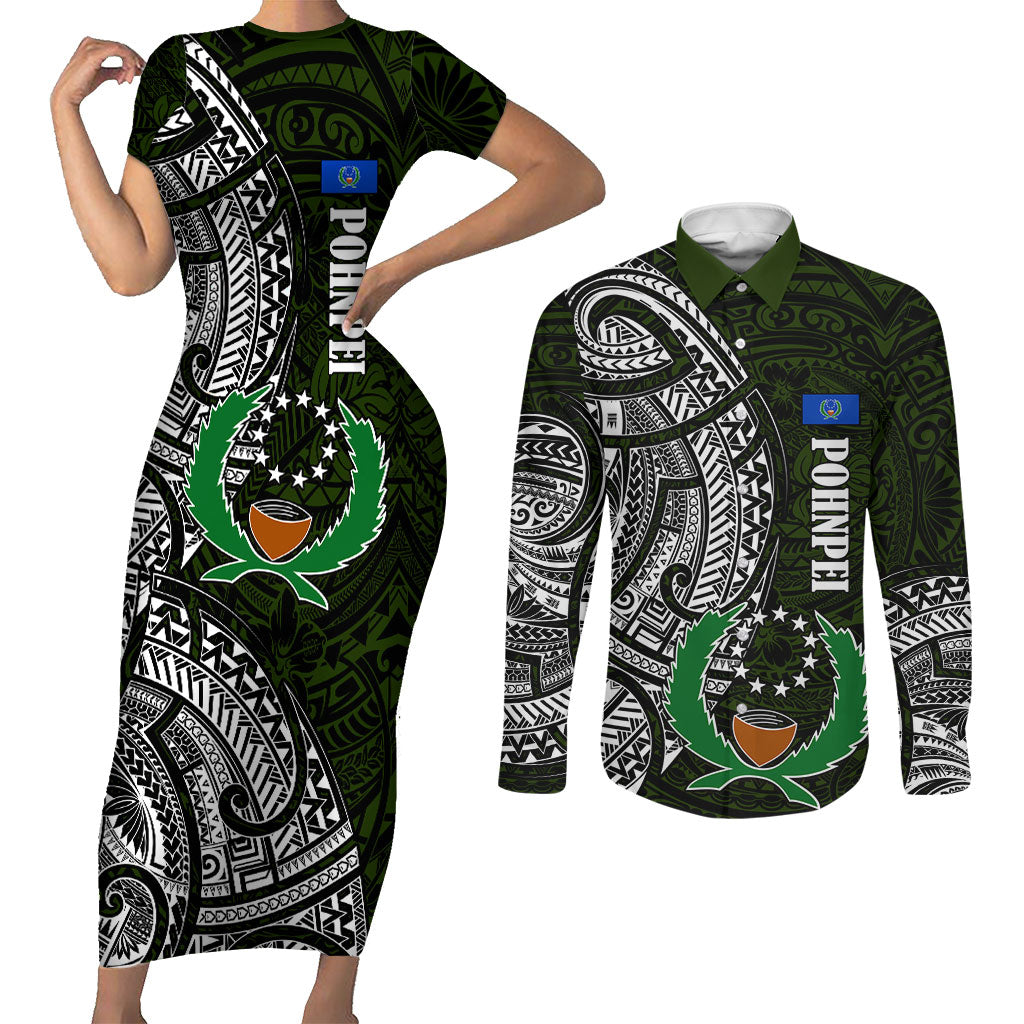 Pohnpei Federated States Of Micronesia Couples Matching Short Sleeve Bodycon Dress and Long Sleeve Button Shirt Polynesian Tribal Heritage Art With Kaselehlie State Seal TS04 Green White - Polynesian Pride