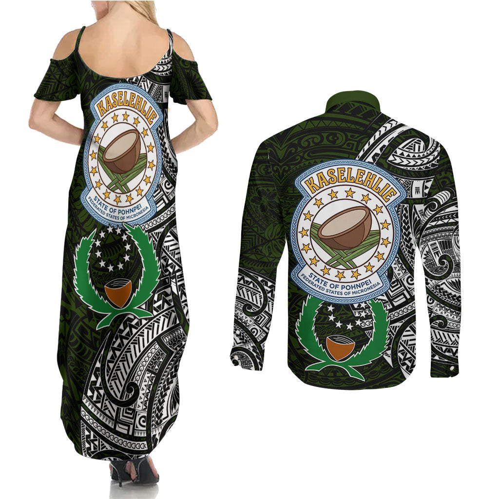 Pohnpei Federated States Of Micronesia Couples Matching Summer Maxi Dress and Long Sleeve Button Shirt Polynesian Tribal Heritage Art With Kaselehlie State Seal