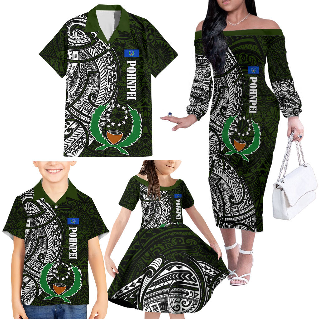 Pohnpei Federated States Of Micronesia Family Matching Off The Shoulder Long Sleeve Dress and Hawaiian Shirt Polynesian Tribal Heritage Art With Kaselehlie State Seal