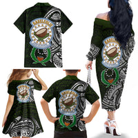 Pohnpei Federated States Of Micronesia Family Matching Off The Shoulder Long Sleeve Dress and Hawaiian Shirt Polynesian Tribal Heritage Art With Kaselehlie State Seal