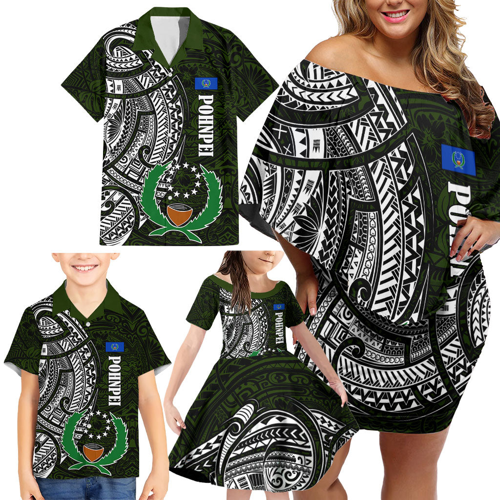Pohnpei Federated States Of Micronesia Family Matching Off Shoulder Short Dress and Hawaiian Shirt Polynesian Tribal Heritage Art With Kaselehlie State Seal