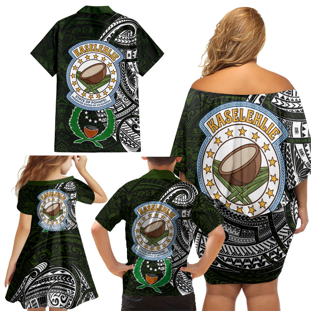 Pohnpei Federated States Of Micronesia Family Matching Off Shoulder Short Dress and Hawaiian Shirt Polynesian Tribal Heritage Art With Kaselehlie State Seal