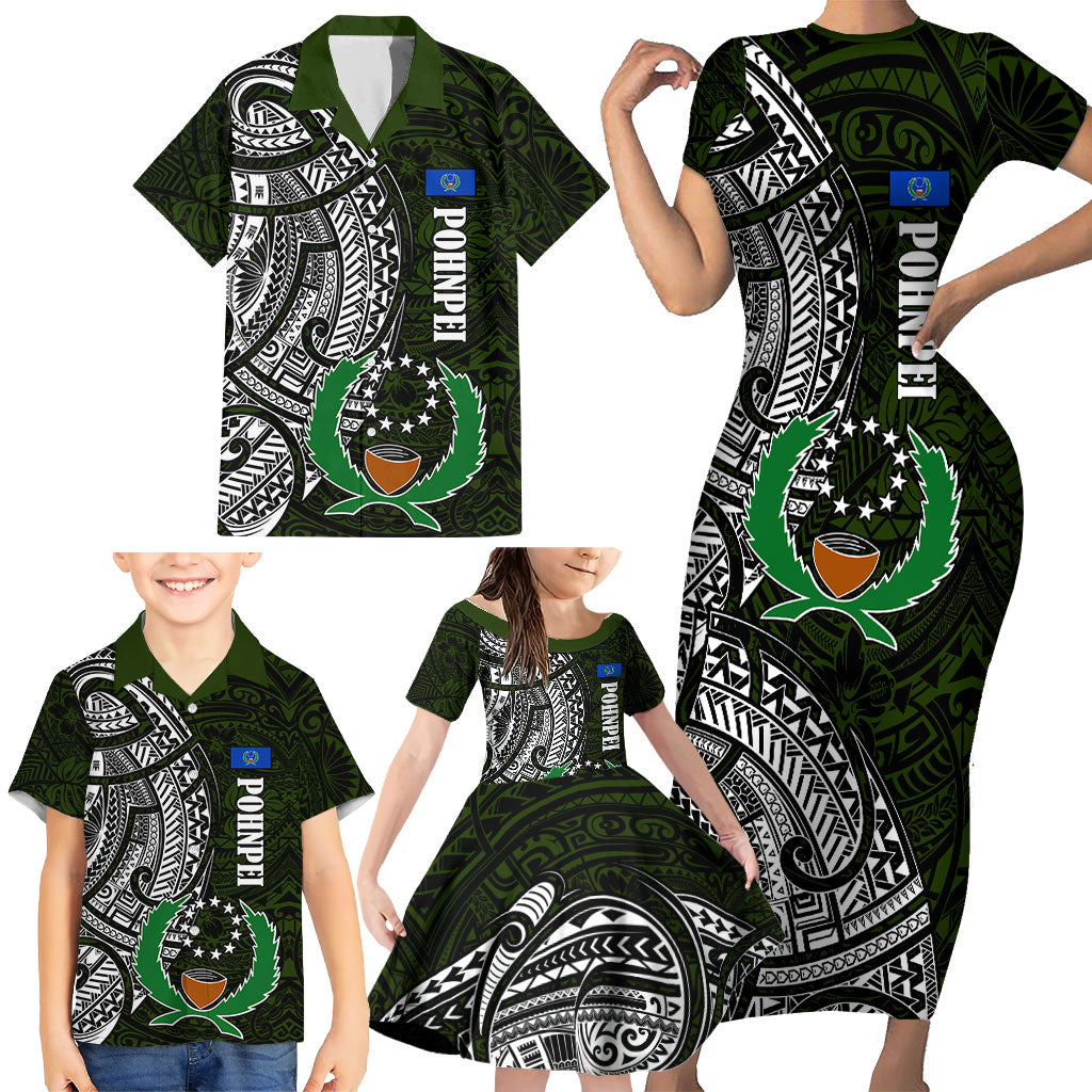 Pohnpei Federated States Of Micronesia Family Matching Short Sleeve Bodycon Dress and Hawaiian Shirt Polynesian Tribal Heritage Art With Kaselehlie State Seal