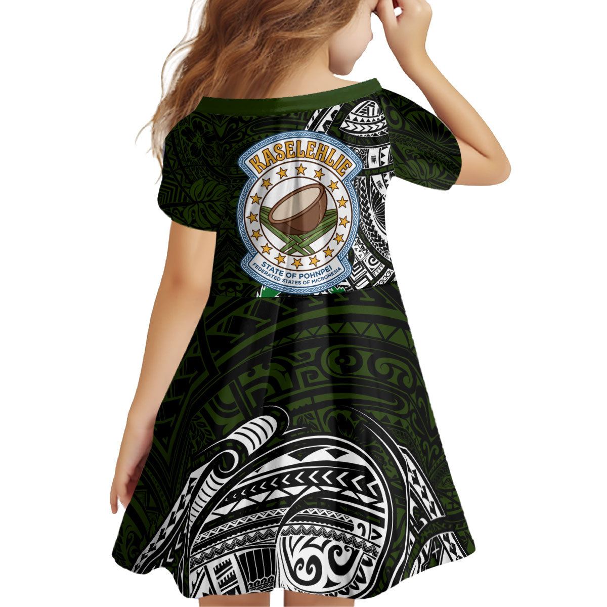 Pohnpei Federated States Of Micronesia Kid Short Sleeve Dress Polynesian Tribal Heritage Art With Kaselehlie State Seal