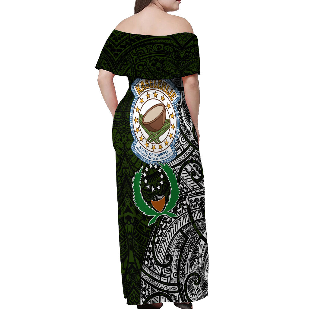 Pohnpei Federated States Of Micronesia Off Shoulder Maxi Dress Polynesian Tribal Heritage Art With Kaselehlie State Seal