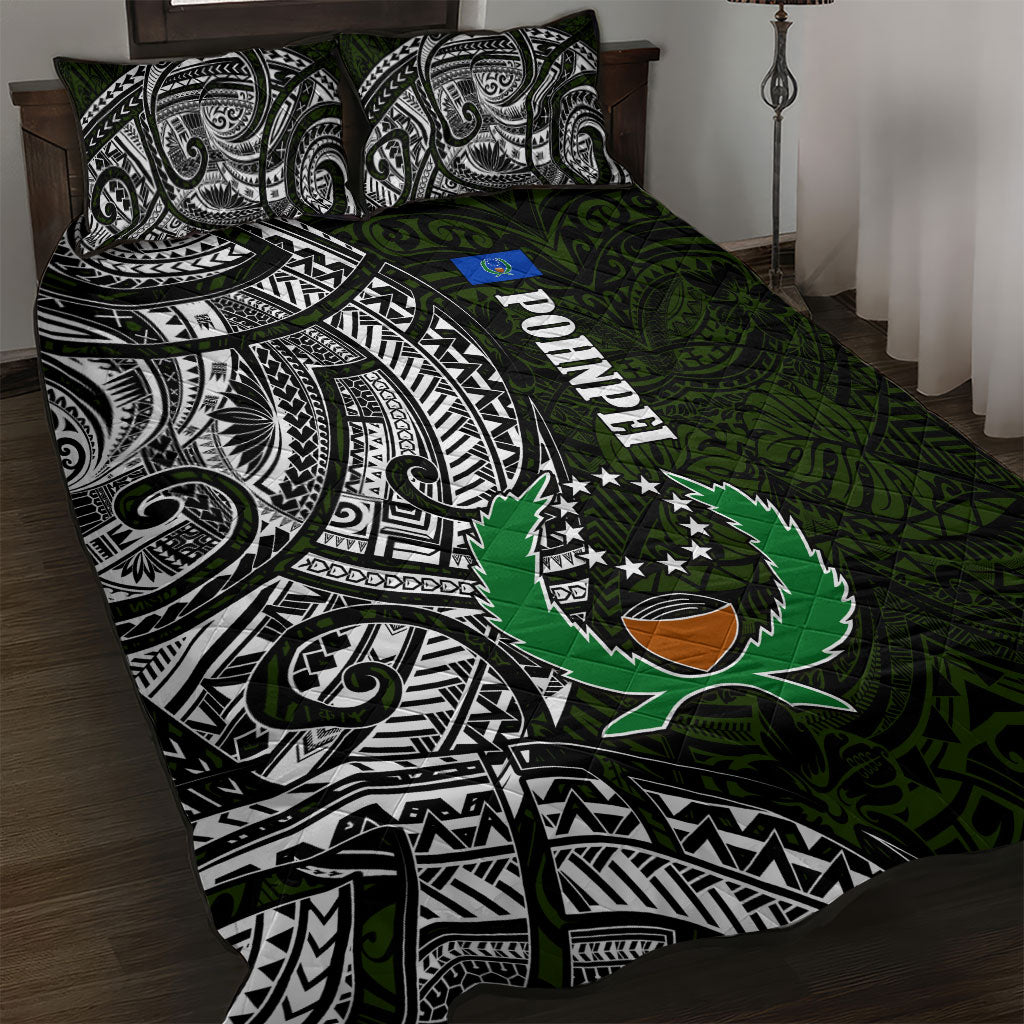 Pohnpei Federated States Of Micronesia Quilt Bed Set Polynesian Tribal Heritage Art With Kaselehlie State Seal TS04 Green White - Polynesian Pride
