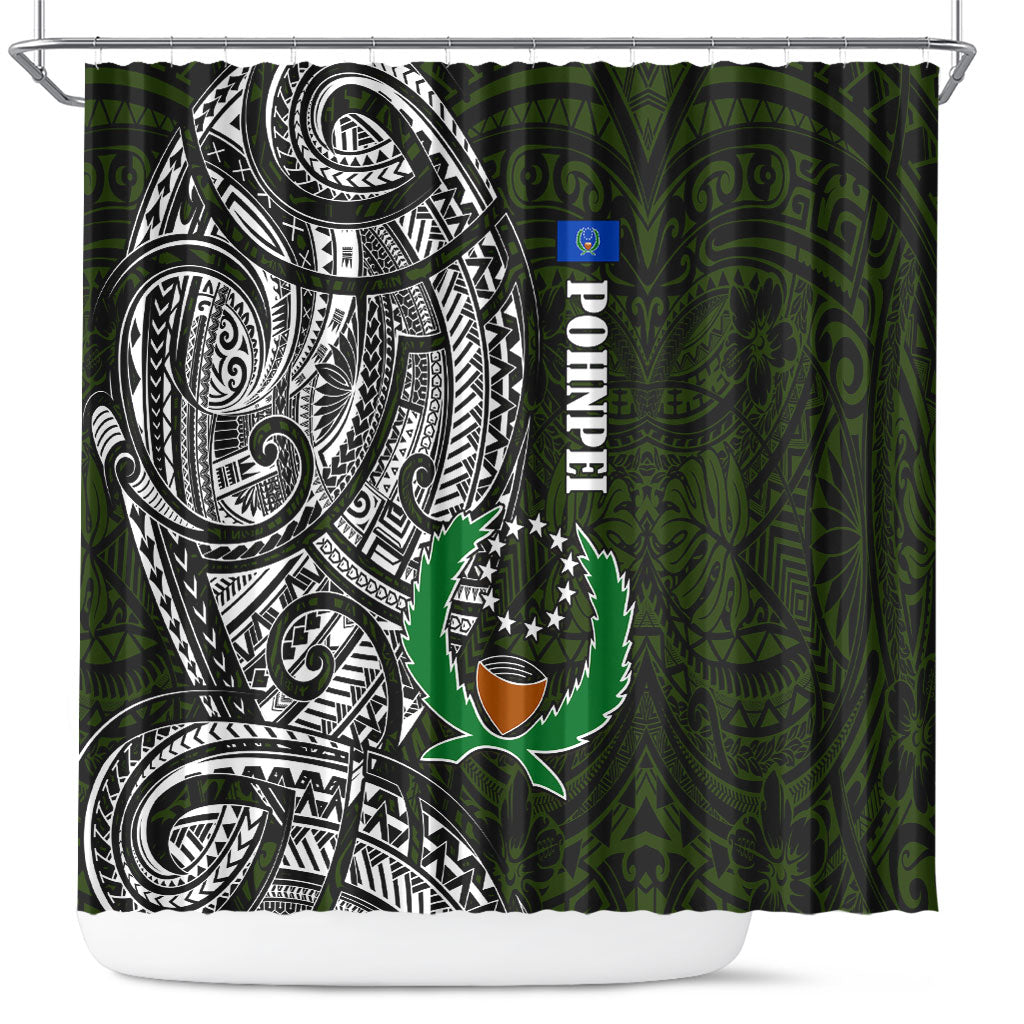 Pohnpei Federated States Of Micronesia Shower Curtain Polynesian Tribal Heritage Art With Kaselehlie State Seal TS04 Green White - Polynesian Pride