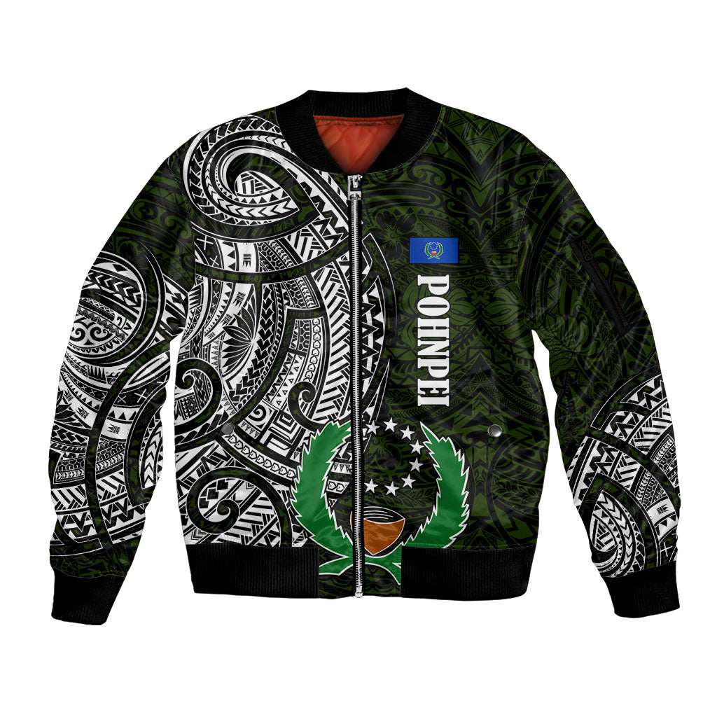 Pohnpei Federated States Of Micronesia Sleeve Zip Bomber Jacket Polynesian Tribal Heritage Art With Kaselehlie State Seal TS04 Unisex Green White - Polynesian Pride