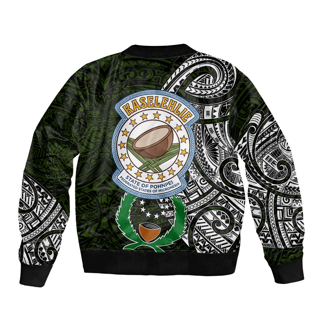 Pohnpei Federated States Of Micronesia Sleeve Zip Bomber Jacket Polynesian Tribal Heritage Art With Kaselehlie State Seal