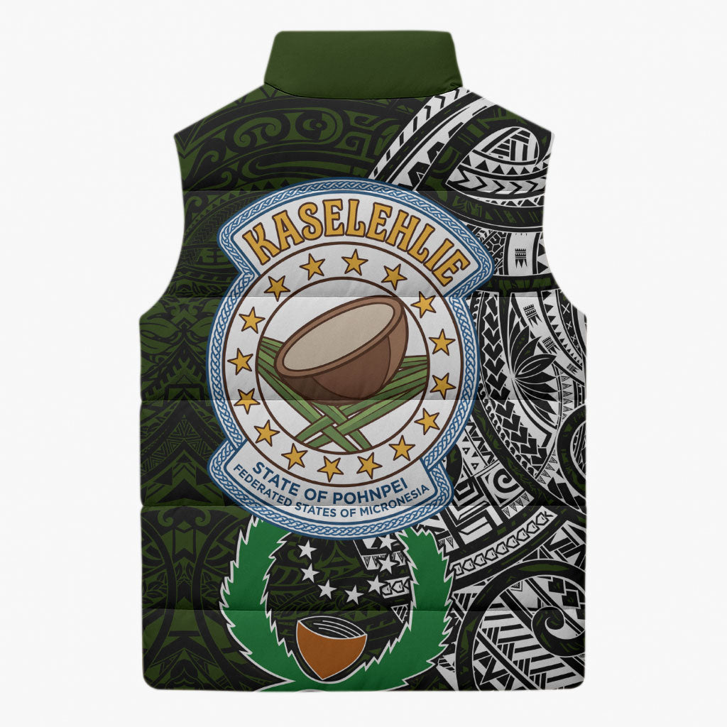 Pohnpei Federated States Of Micronesia Sleeveless Puffer Jacket Polynesian Tribal Heritage Art With Kaselehlie State Seal