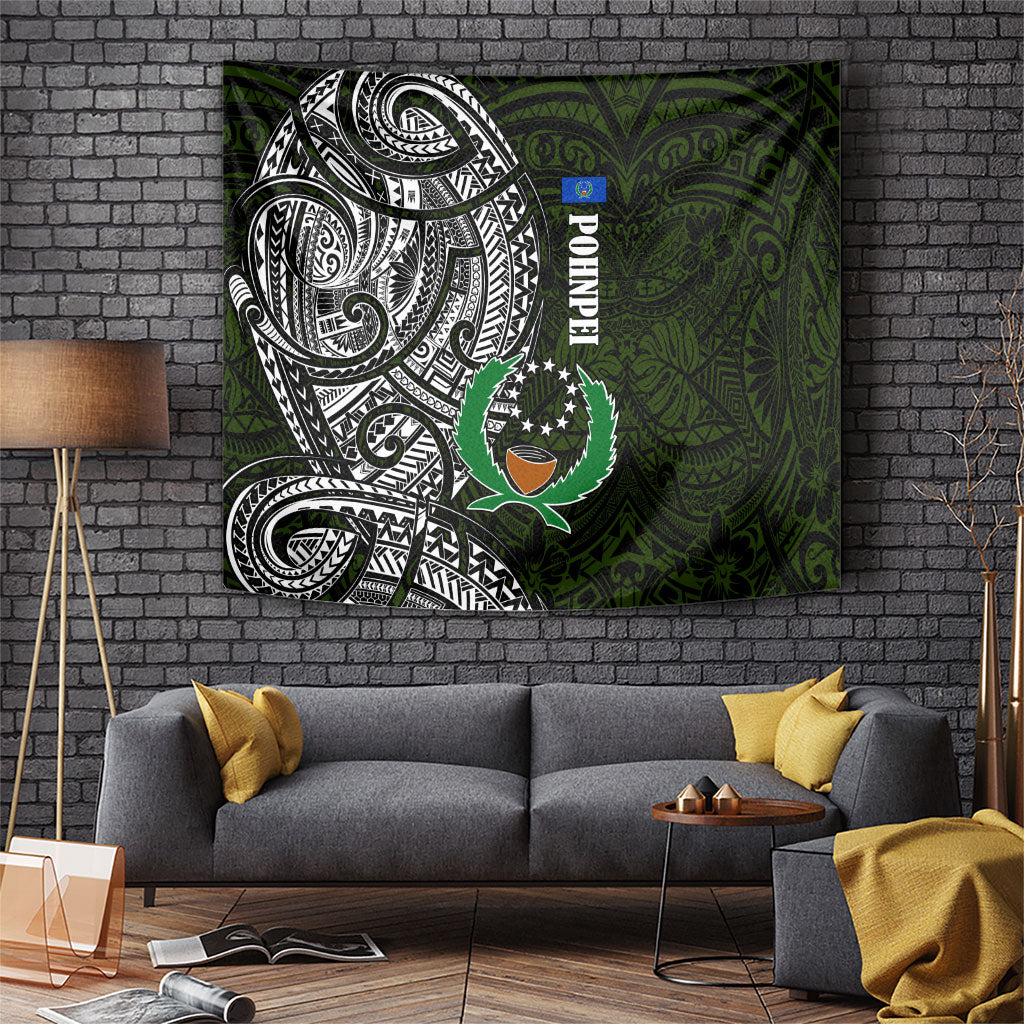 Pohnpei Federated States Of Micronesia Tapestry Polynesian Tribal Heritage Art With Kaselehlie State Seal TS04 Green White - Polynesian Pride