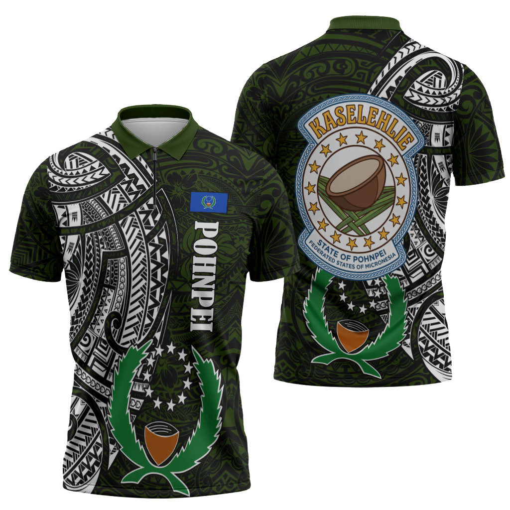 Pohnpei Federated States Of Micronesia Zipper Polo Shirt Polynesian Tribal Heritage Art With Kaselehlie State Seal