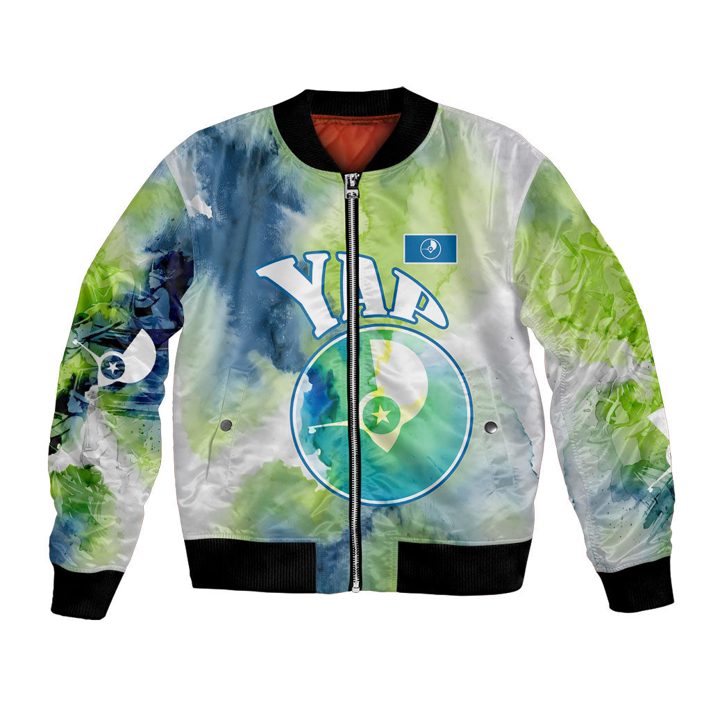 Yap Island Heritage Cultural Symbol Bomber Jacket Micronesian Flag Stone Money Watercolor Abstract Art Design TS04 Unisex Green Blue - Polynesian Pride
