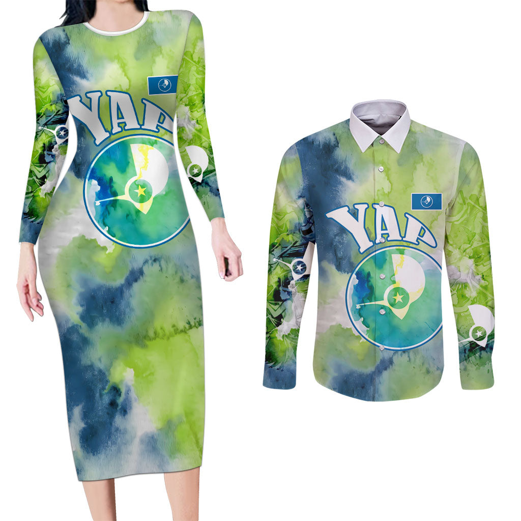 Yap Island Heritage Cultural Symbol Couples Matching Long Sleeve Bodycon Dress and Long Sleeve Button Shirt Micronesian Flag Stone Money Watercolor Abstract Art Design TS04 Green Blue - Polynesian Pride