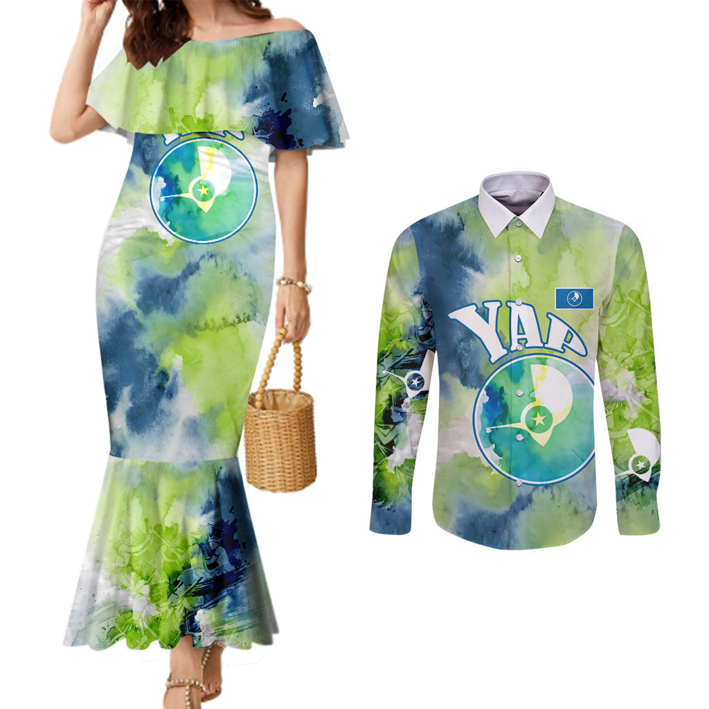 Yap Island Heritage Cultural Symbol Couples Matching Mermaid Dress and Long Sleeve Button Shirt Micronesian Flag Stone Money Watercolor Abstract Art Design TS04 Green Blue - Polynesian Pride