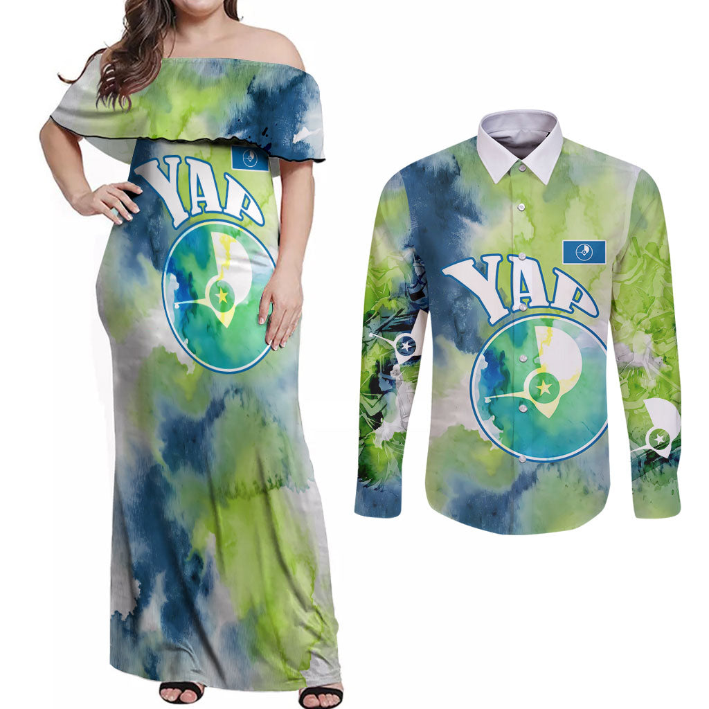 Yap Island Heritage Cultural Symbol Couples Matching Off Shoulder Maxi Dress and Long Sleeve Button Shirt Micronesian Flag Stone Money Watercolor Abstract Art Design TS04 Green Blue - Polynesian Pride