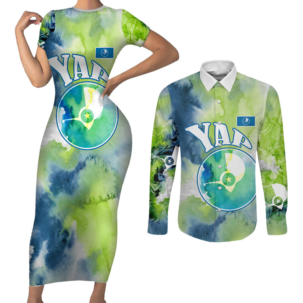 Yap Island Heritage Cultural Symbol Couples Matching Short Sleeve Bodycon Dress and Long Sleeve Button Shirt Micronesian Flag Stone Money Watercolor Abstract Art Design TS04 Green Blue - Polynesian Pride