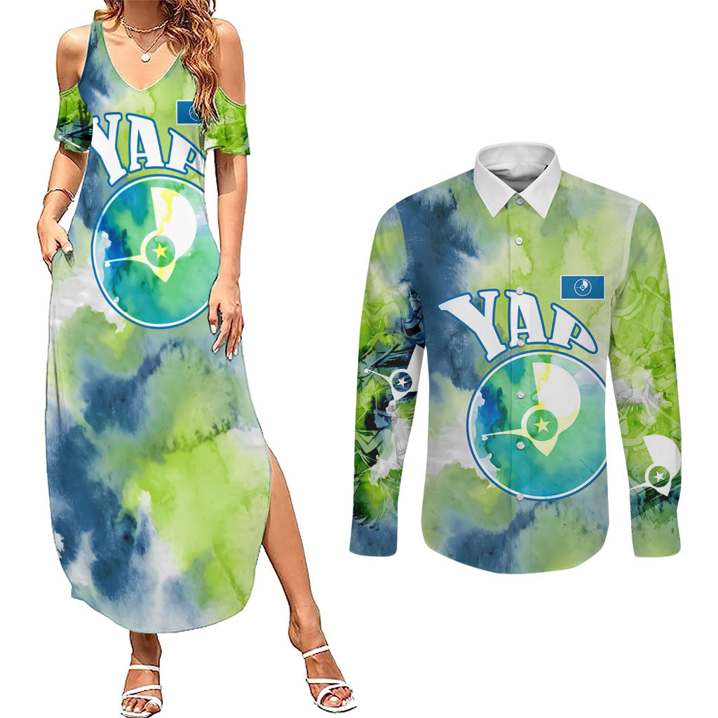 Yap Island Heritage Cultural Symbol Couples Matching Summer Maxi Dress and Long Sleeve Button Shirt Micronesian Flag Stone Money Watercolor Abstract Art Design TS04 Green Blue - Polynesian Pride
