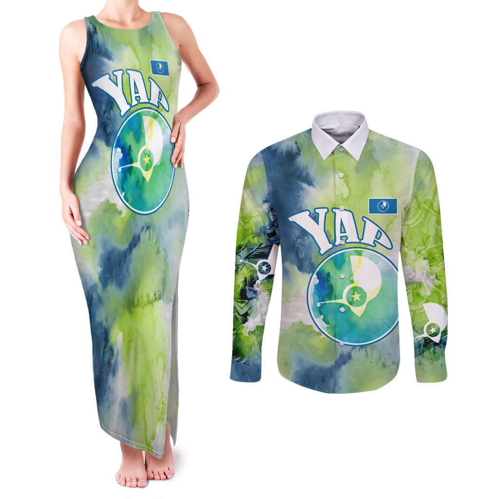 Yap Island Heritage Cultural Symbol Couples Matching Tank Maxi Dress and Long Sleeve Button Shirt Micronesian Flag Stone Money Watercolor Abstract Art Design TS04 Green Blue - Polynesian Pride