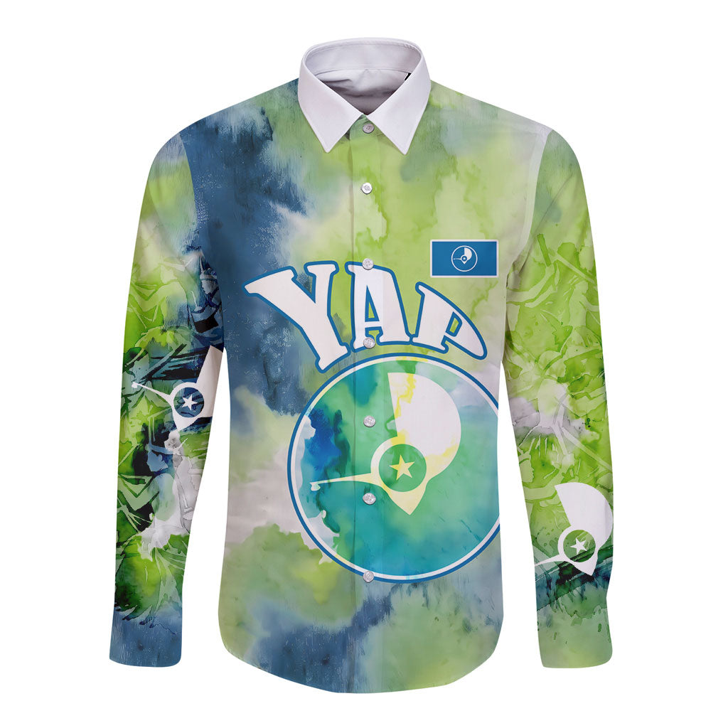 Yap Island Heritage Cultural Symbol Long Sleeve Button Shirt Micronesian Flag Stone Money Watercolor Abstract Art Design TS04 Unisex Green Blue - Polynesian Pride