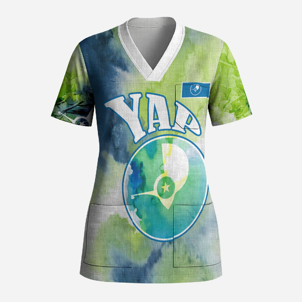 Yap Island Heritage Cultural Symbol Scrub Top Micronesian Flag Stone Money Watercolor Abstract Art Design TS04 Adult Green Blue - Polynesian Pride