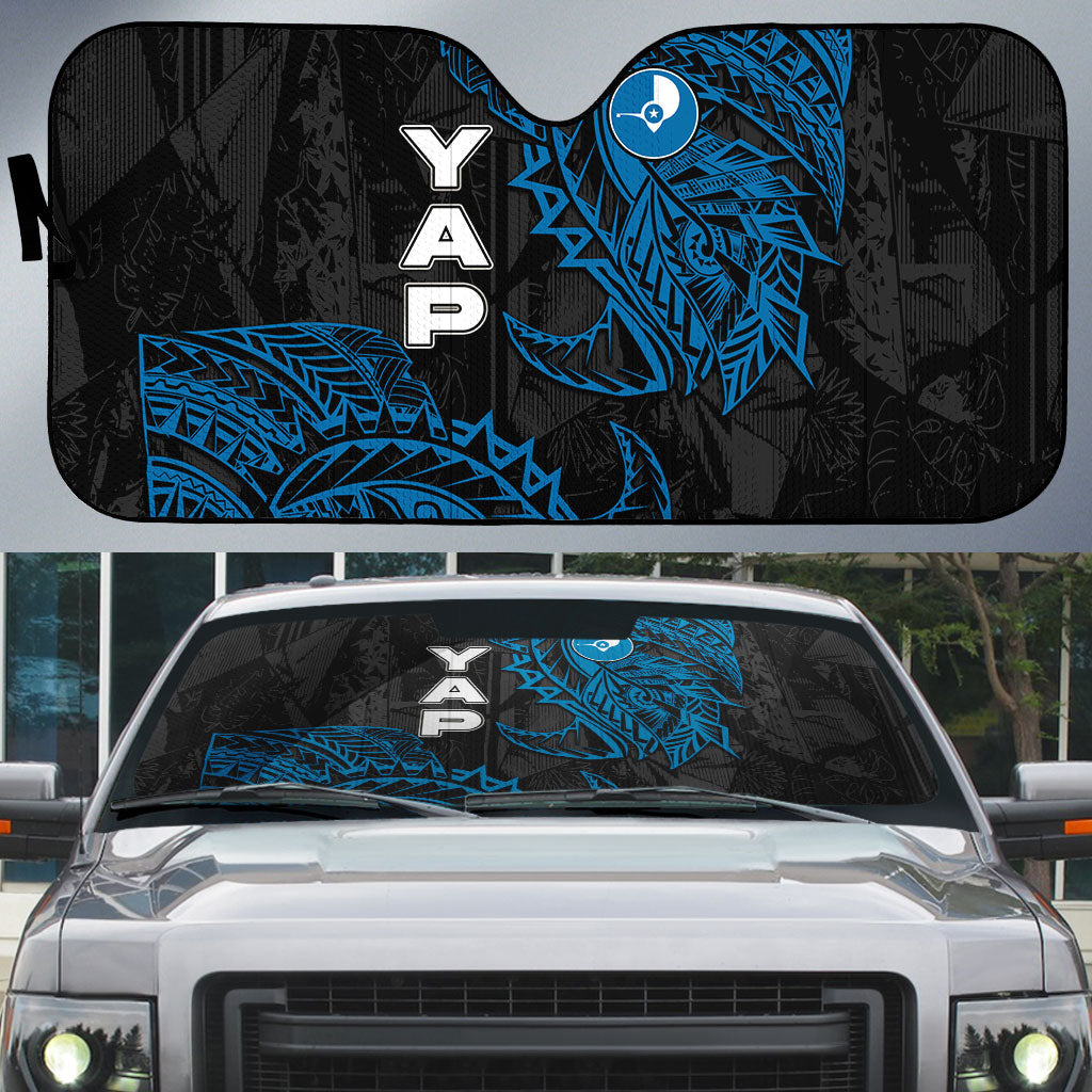 Yap Island Tribal Heritage Auto Sun Shade Micronesian Polynesian Tattoo Pattern Blue Black Cultural Art