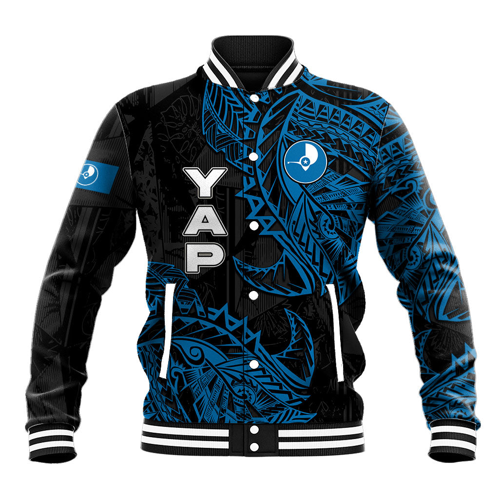 Yap Island Tribal Heritage Baseball Jacket Micronesian Polynesian Tattoo Pattern Blue Black Cultural Art