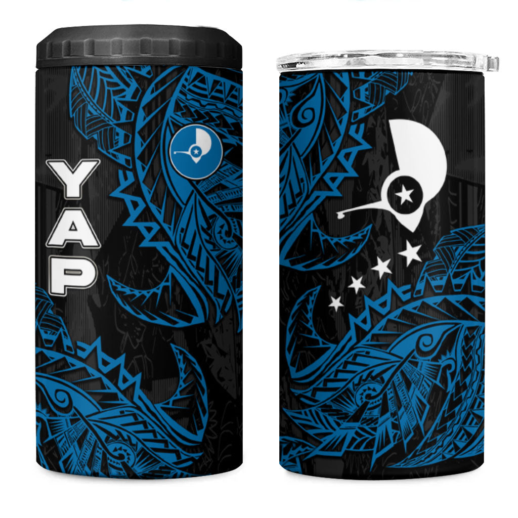 Yap Island Tribal Heritage 4 in 1 Can Cooler Tumbler Micronesian Polynesian Tattoo Pattern Blue Black Cultural Art