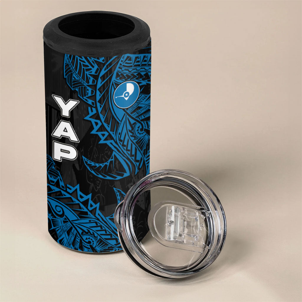 Yap Island Tribal Heritage 4 in 1 Can Cooler Tumbler Micronesian Polynesian Tattoo Pattern Blue Black Cultural Art