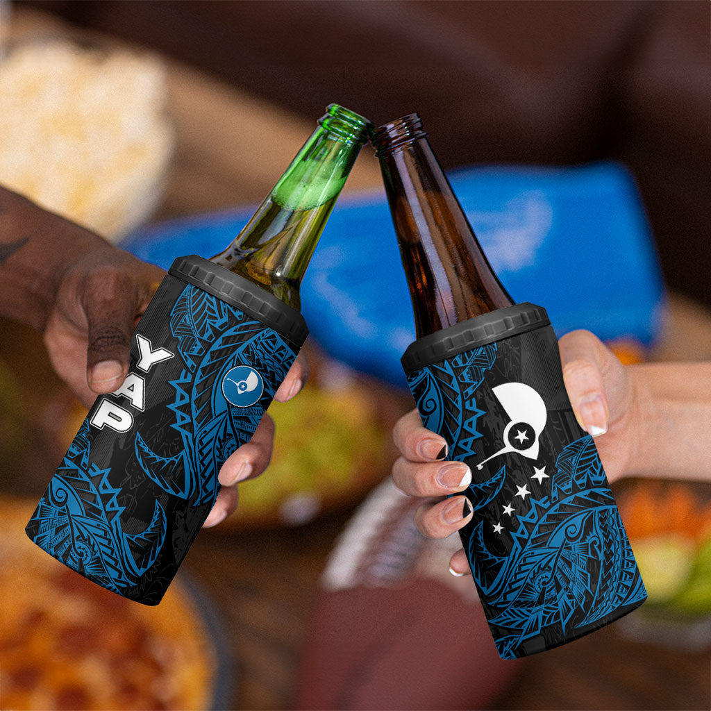 Yap Island Tribal Heritage 4 in 1 Can Cooler Tumbler Micronesian Polynesian Tattoo Pattern Blue Black Cultural Art