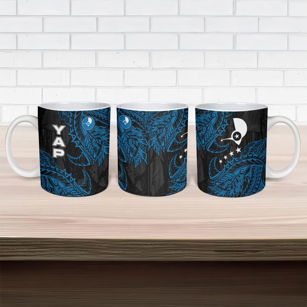 Yap Island Tribal Heritage Ceramic Mug Micronesian Polynesian Tattoo Pattern Blue Black Cultural Art